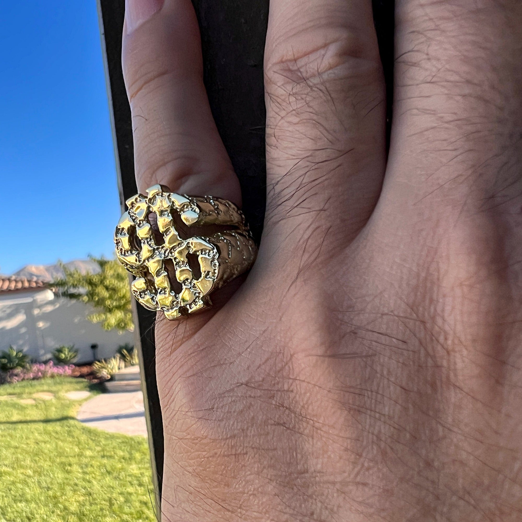 14k Gold Plated 925 Sterling Silver $ Dollar Sign Symbol Nugget Ring 7