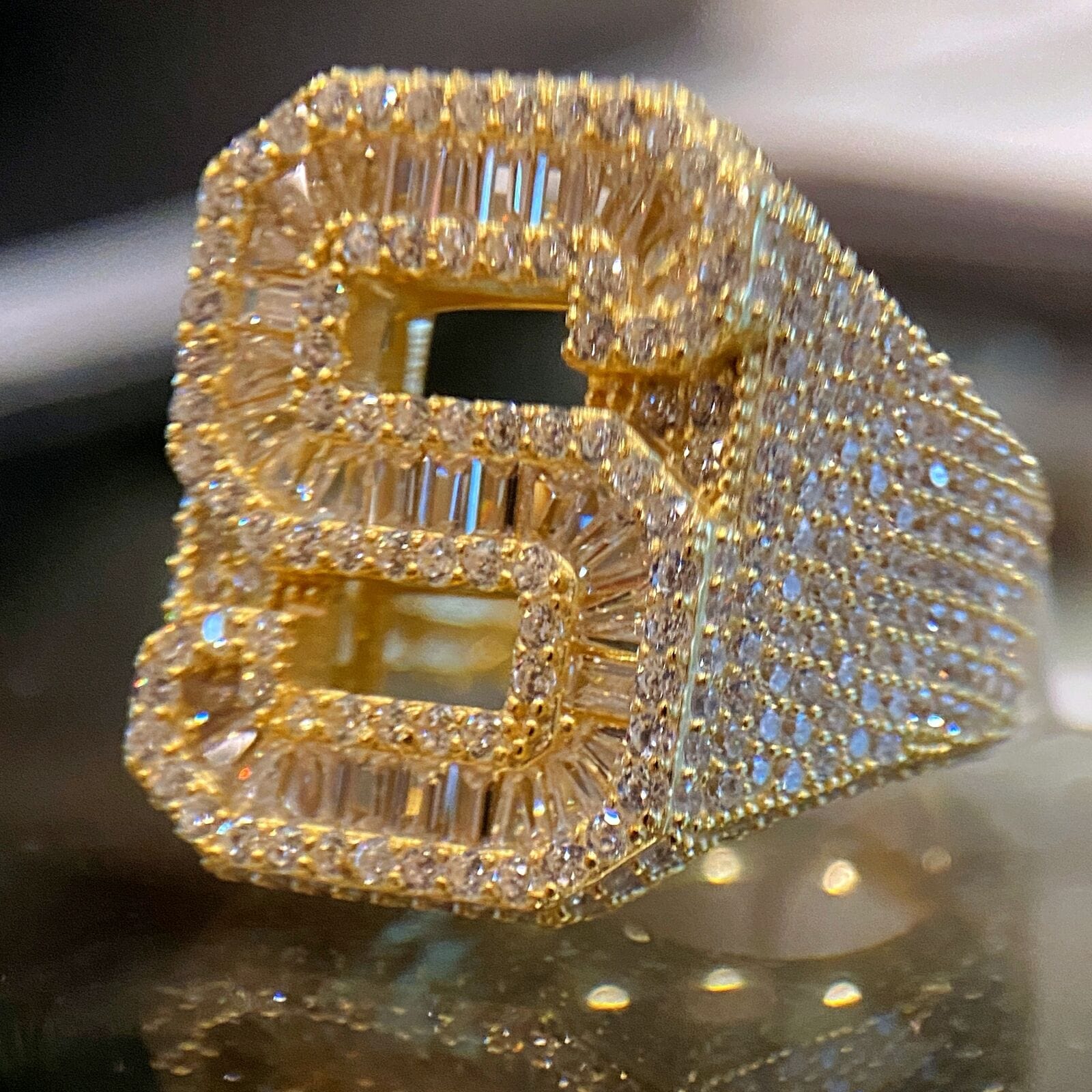 14K Gold Plated 925 Sterling Silver Initial Letter Iced CZ Baguette Ri