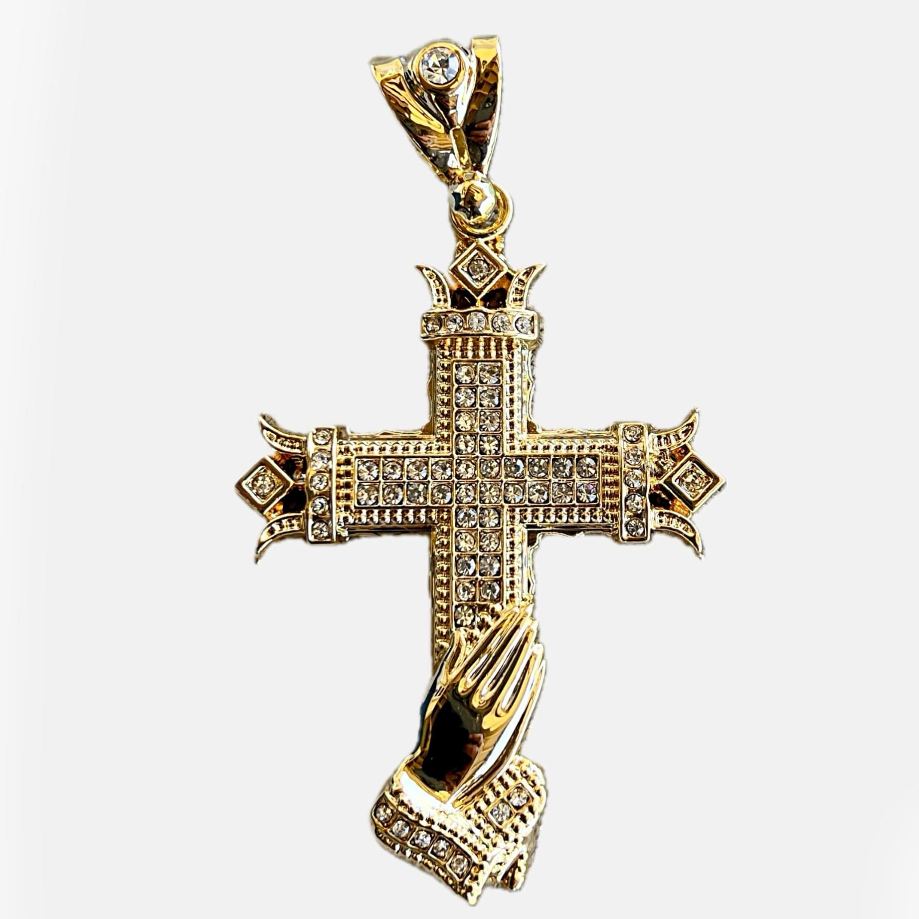 14k Gold Plated Cross w/Praying Hands Pendant Iced Bling Out CZ 4