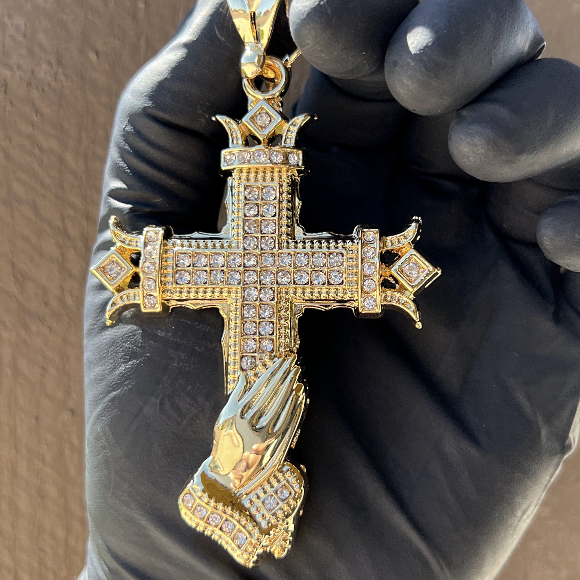 14k Gold Plated Cross w/Praying Hands Pendant Iced Bling Out CZ 4