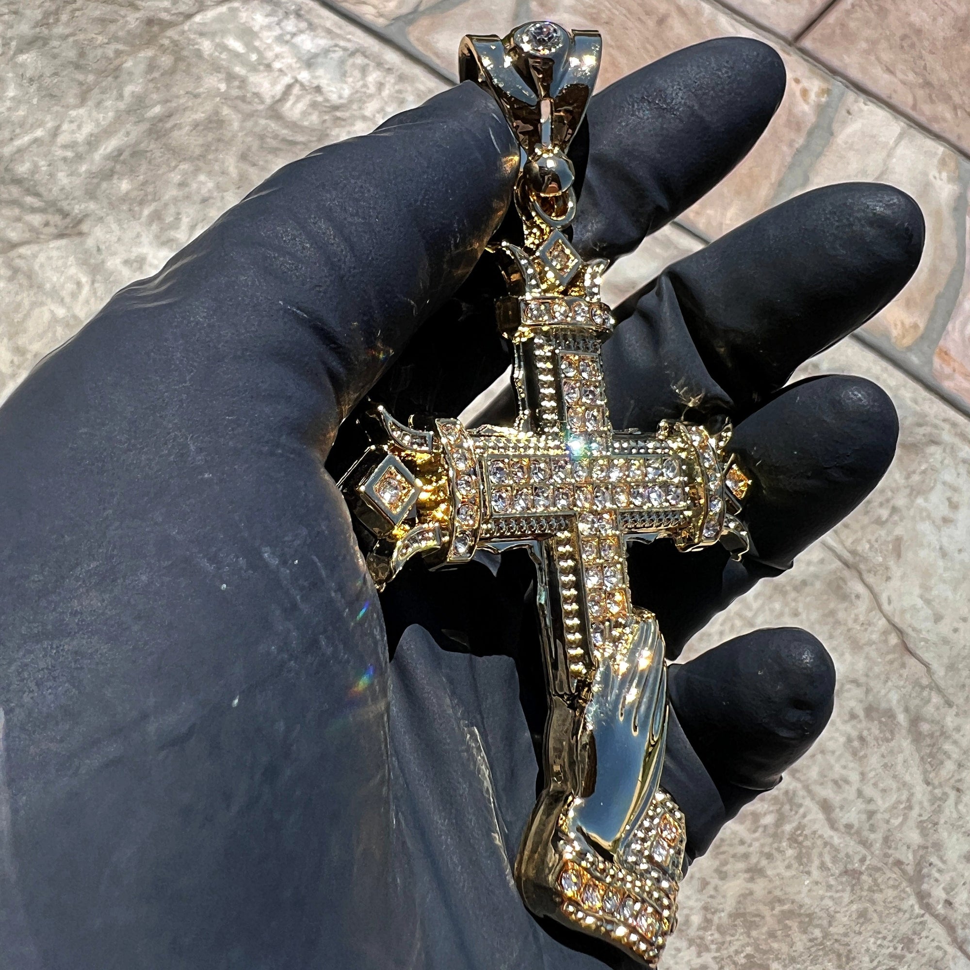14k Gold Plated Cross w/Praying Hands Pendant Iced Bling Out CZ 4