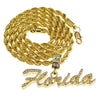 14K Gold Plated Florida Pendant Iced Flooded Out Rope Chain Necklace 24"