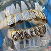 14K Gold Plated Grillz Diagonal Cut Slashes Nugget Dust Teeth Set