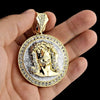 14K Gold Plated Jesus Head w/Silver Glitter Round Coin Pendant