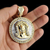 14K Gold Plated Jesus Head w/Silver Glitter Round Coin Pendant