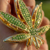 14K Gold Plated Marijuana Weed Leaf Green Iced Flooded Out Pendant