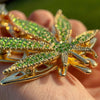 14K Gold Plated Marijuana Weed Leaf Green Iced Flooded Out Pendant