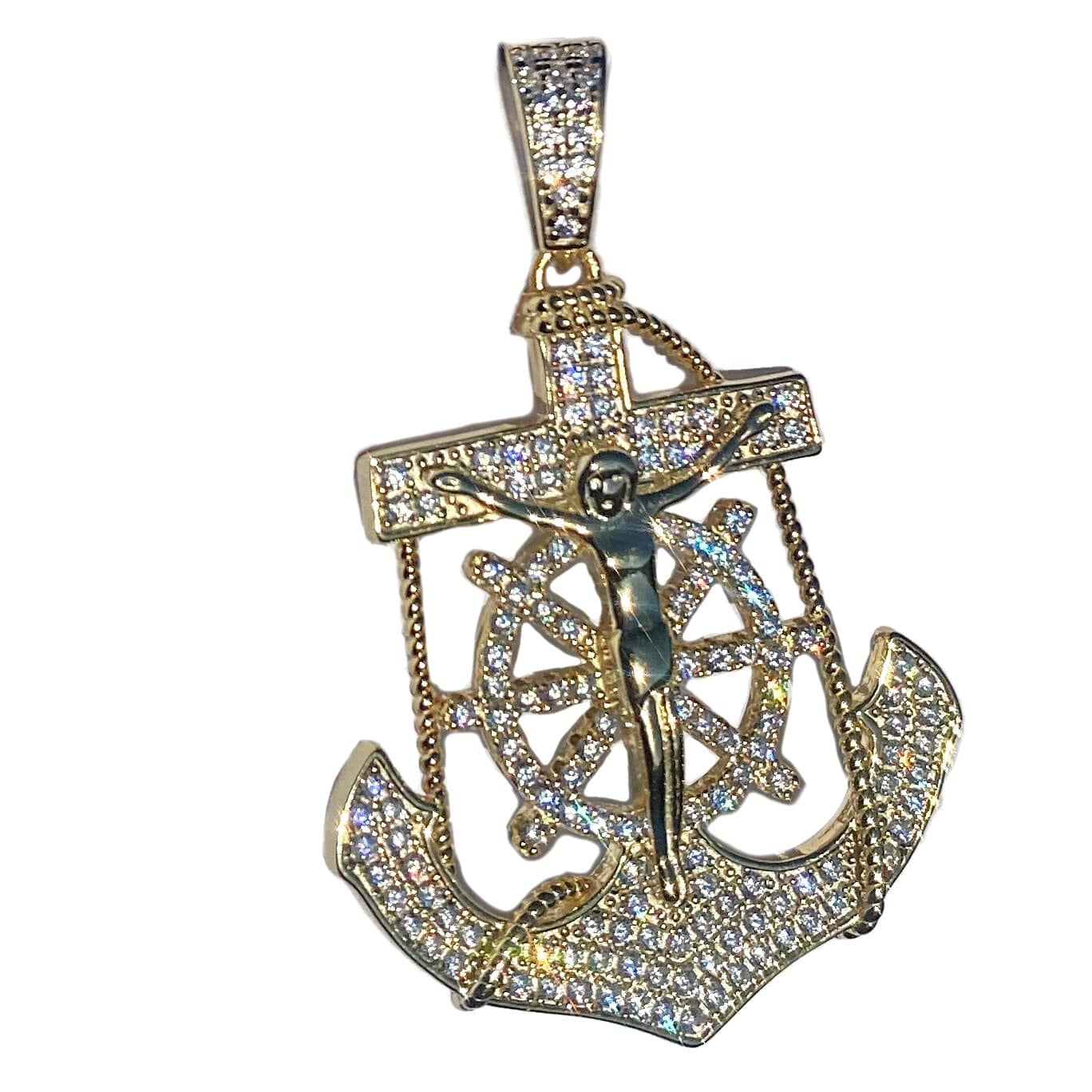 14K Gold Plated over 925 Silver Jesus Anchor Cross CZ Pendant