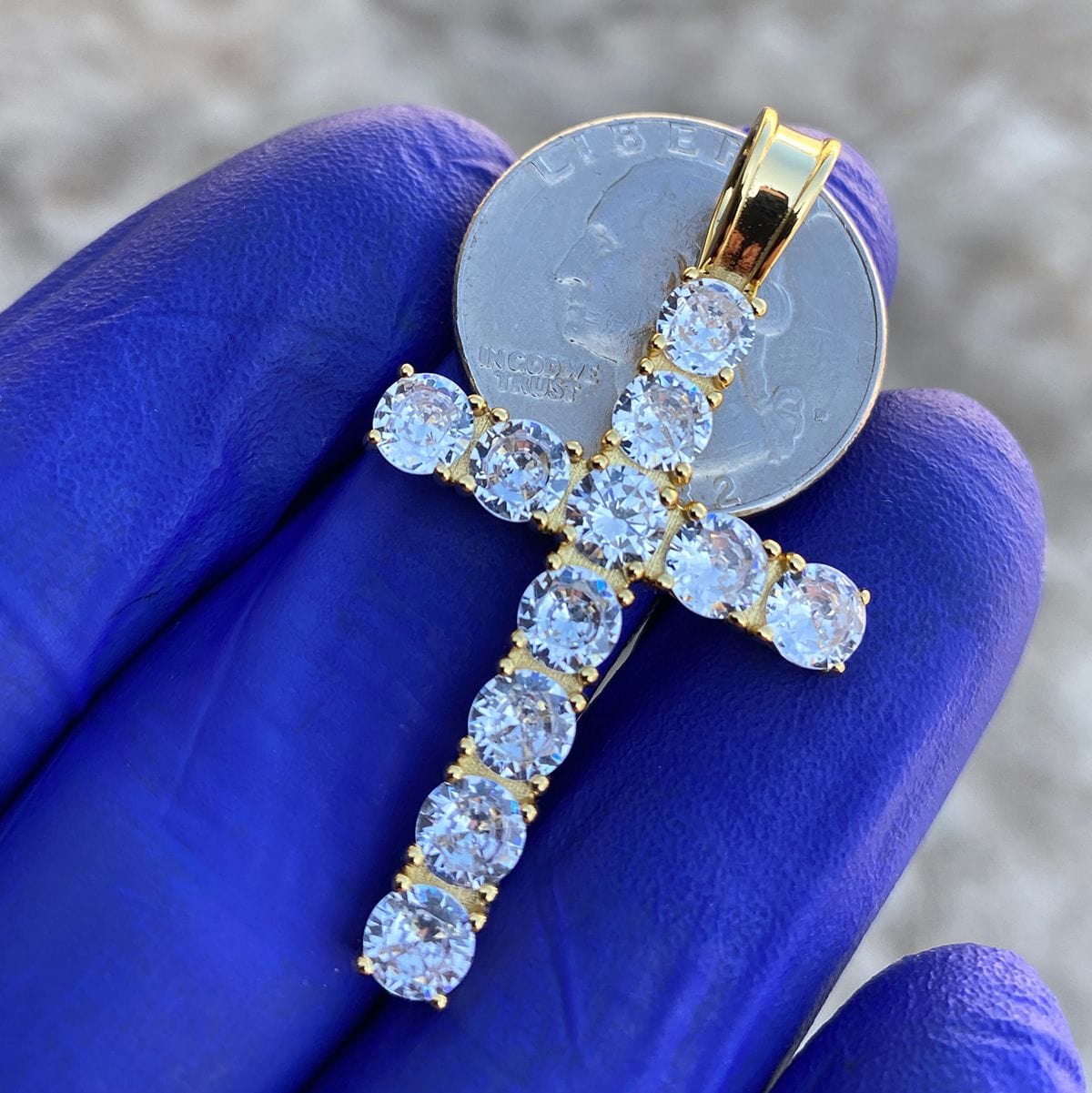 14k Gold Plated over 925 Silver Tennis Cross Iced CZ Flooded Out Penda