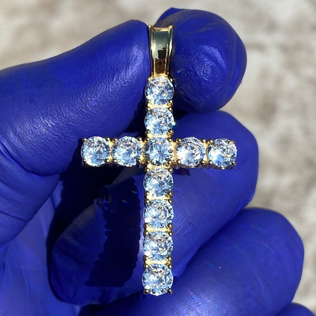 14k Gold Plated over 925 Silver Tennis Cross Iced CZ Flooded Out Penda