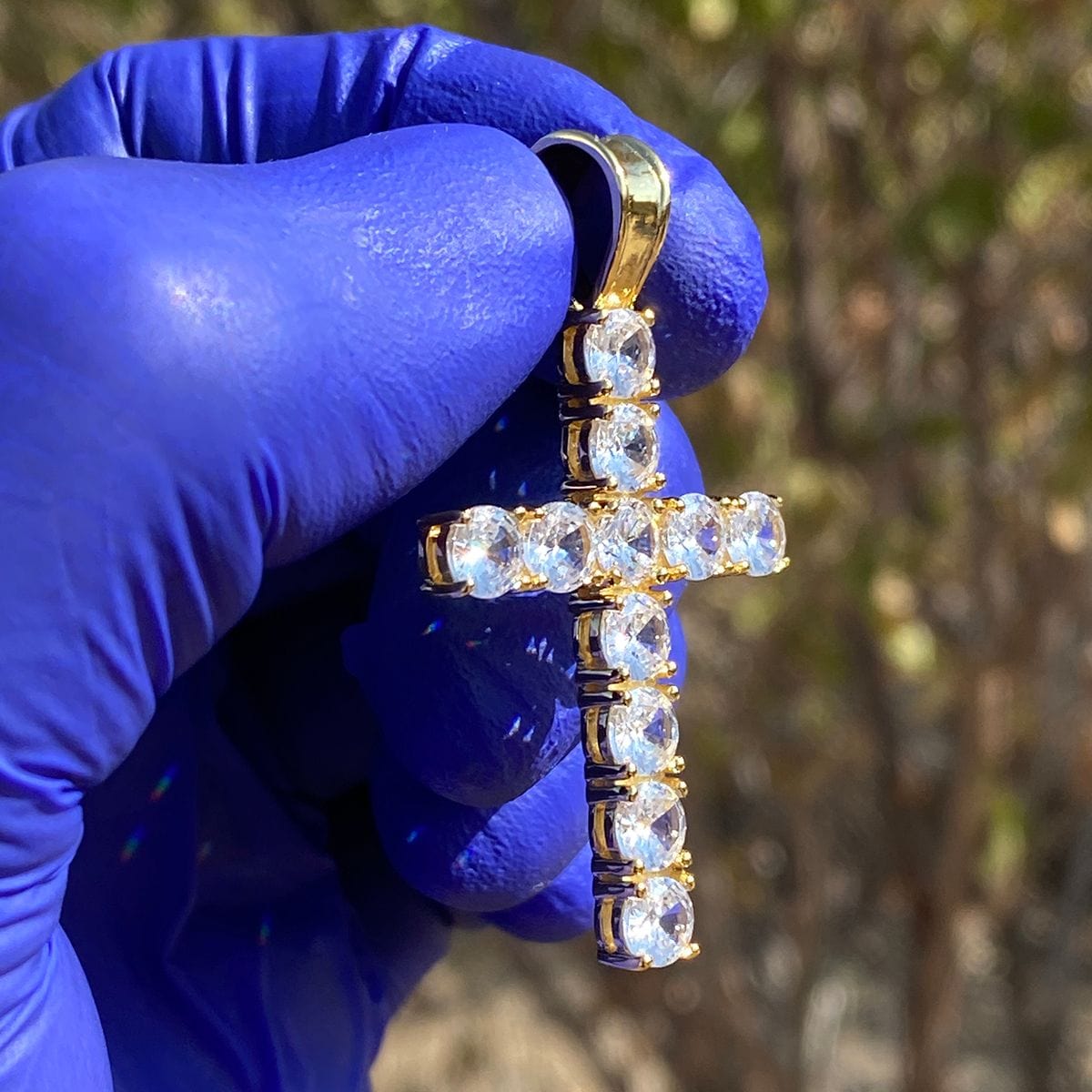 14k Gold Plated over 925 Silver Tennis Cross Iced CZ Flooded Out Penda