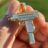 14k Gold Plated Over 925 Sterling Silver Uzi Submachine Gun Pendant CZ Iced