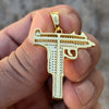 14k Gold Plated Over 925 Sterling Silver Uzi Submachine Gun Pendant CZ Iced