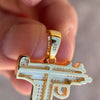 14k Gold Plated Over 925 Sterling Silver Uzi Submachine Gun Pendant CZ Iced