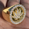 14K Gold Plated over Solid 925 Silver Marijuana Weed Leaf Iced Ring