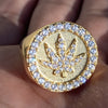 14K Gold Plated over Solid 925 Silver Marijuana Weed Leaf Iced Ring