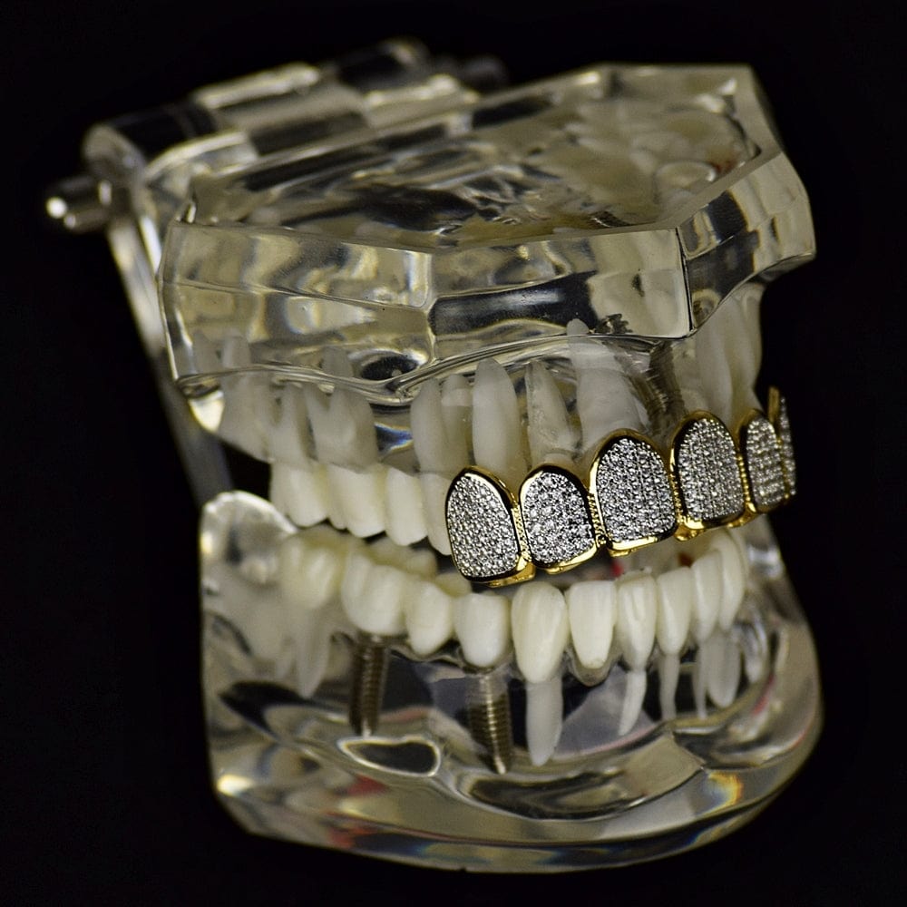 14K Gold Plated Premium CZ Iced Two -Tone Top Teeth Micro Pave Grillz