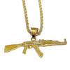 14K Gold Plated Rope Chain 24" 3MM w/ Stainless Steel AK-47 Gun Rifle Pendant