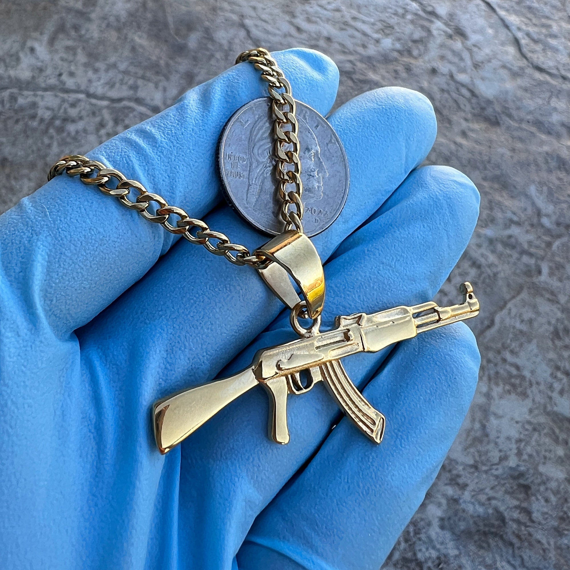 14K Gold Plated Stainless Steel AK-47 on Cuban Necklace 24