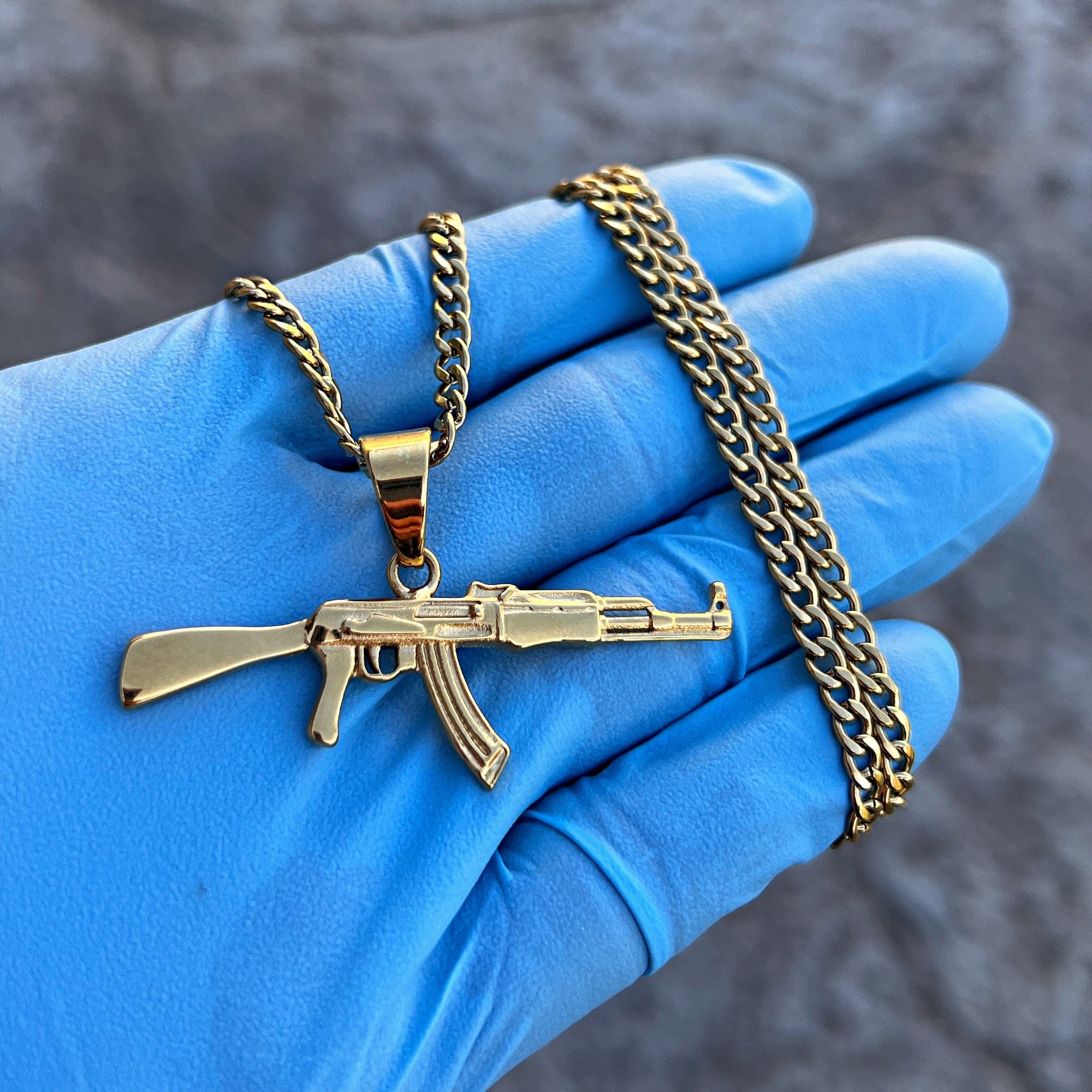 14K Gold Plated Stainless Steel AK-47 on Cuban Necklace 24