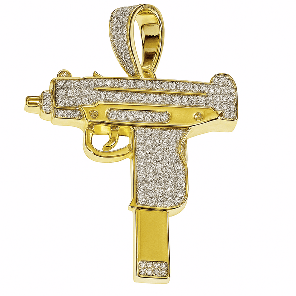 14k Gold Plated Two-Tone 925 Sterling Silver Uzi Submachine Gun Pendan
