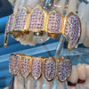 14k Gold Plated Two-Tone Grillz Pink CZ Iced Flooded Out Vampire Fangs