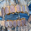 14k Gold Plated Two-Tone Grillz Pink CZ Iced Flooded Out Vampire Fangs