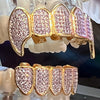 14k Gold Plated Two-Tone Grillz Pink CZ Iced Flooded Out Vampire Fangs