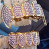 14k Gold Plated Two-Tone Grillz Pink CZ Iced Flooded Out Vampire Fangs