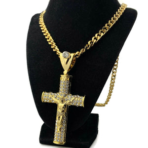 18K Gold Plated Huge Crucifix Cross Pendant Cuban Chain Necklace 30