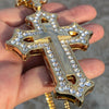 18K Gold Plated Huge Iced CZ Flooded Out Open Cross Necklace Cuban Link Chain 30"