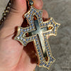 18K Gold Plated Huge Iced CZ Flooded Out Open Cross Necklace Cuban Link Chain 30"