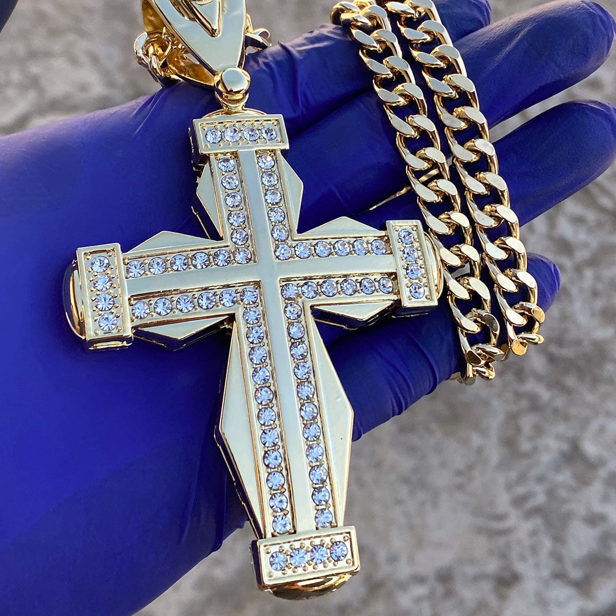 18k Gold Plated Huge Iced Double Cross Cuban Chain Necklace 30