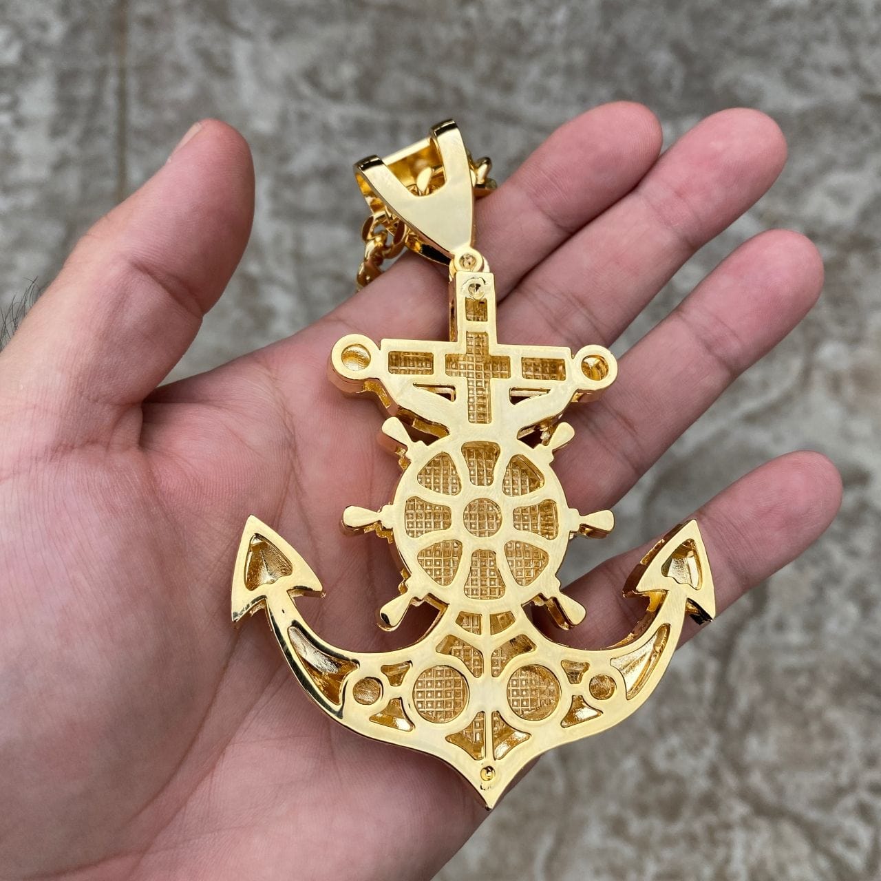 18K Gold Plated Iced Mariners Cross Jesus Anchor Chain Necklace 30"