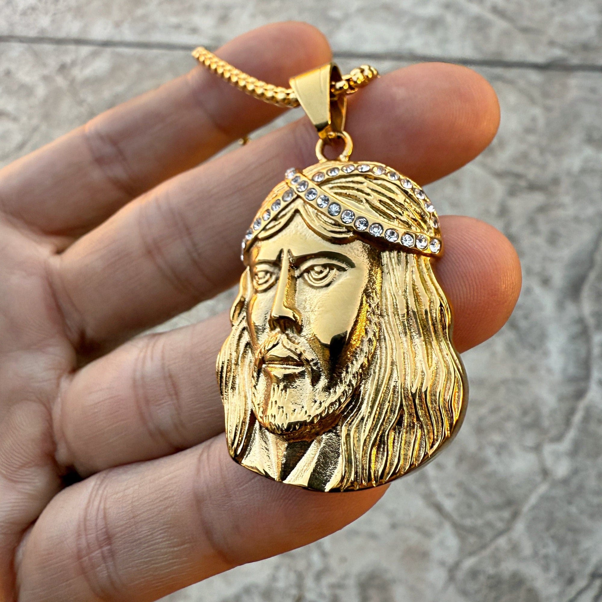 18k Gold Plated Stainless Steel Jesus Head CZ Sausage Chain Necklace 2