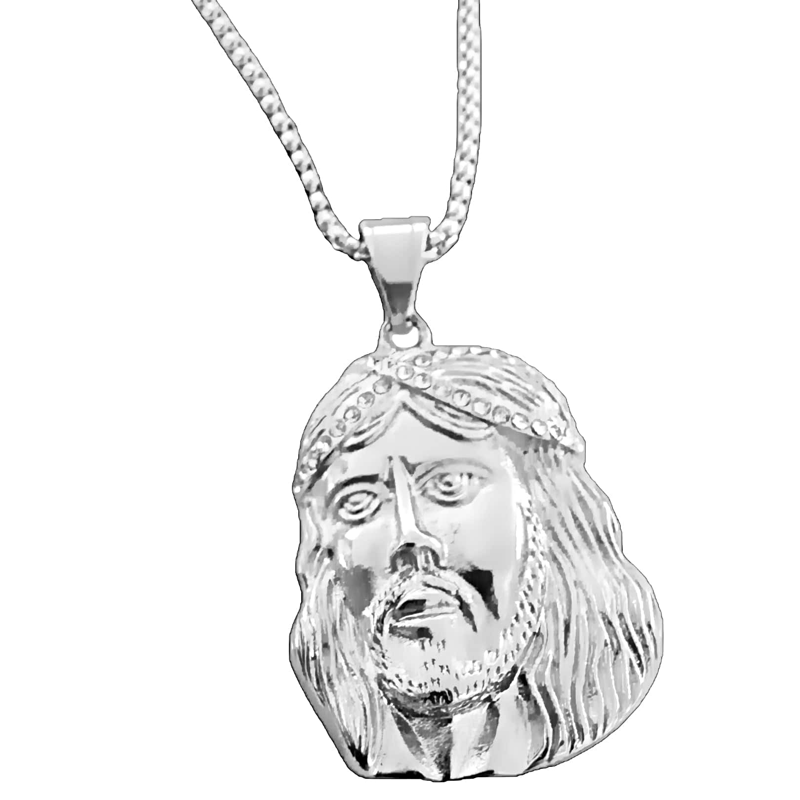 316L Stainless Steel Jesus Head CZ Sausage Chain Necklace 24