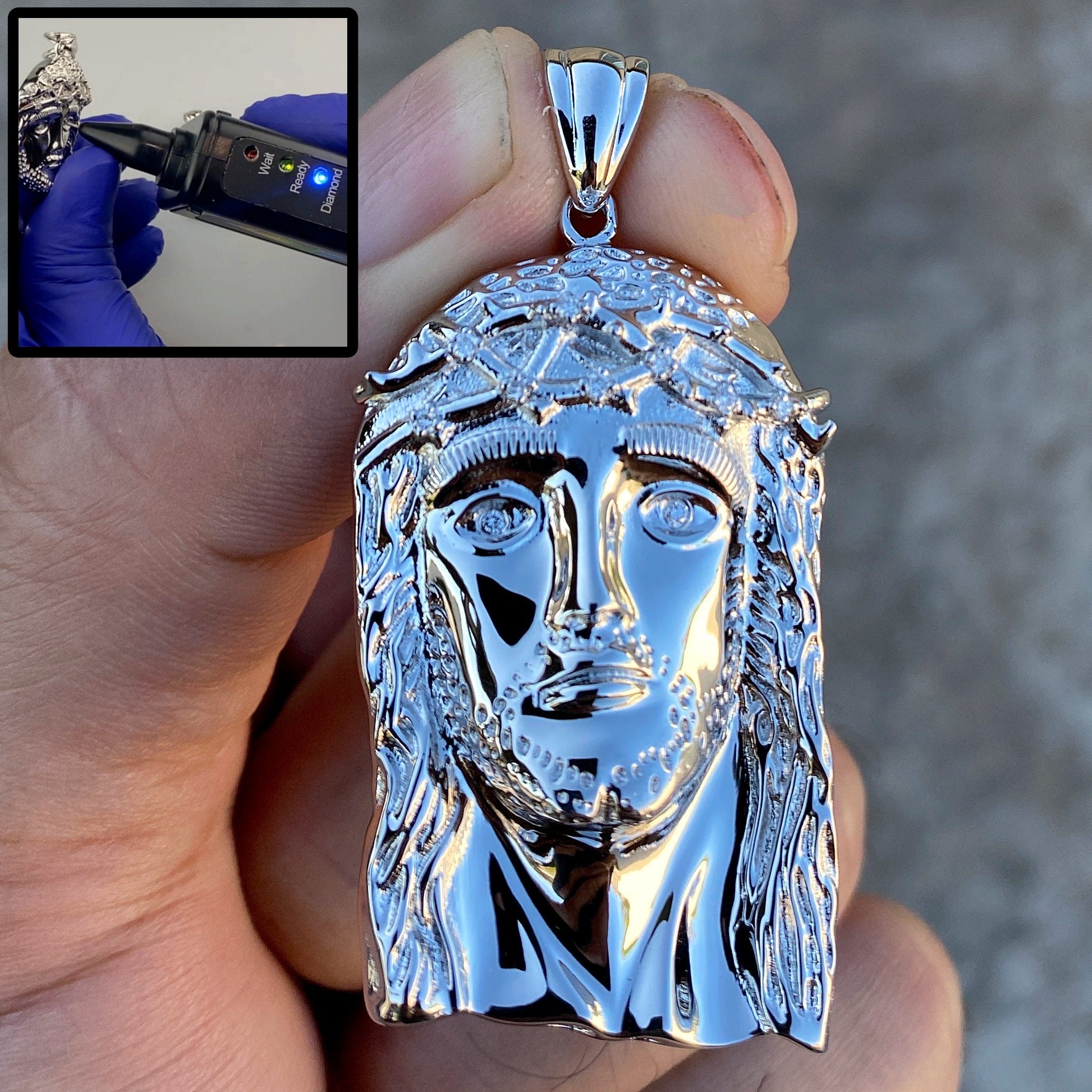 925 Sterling Silver Real VS Diamonds Jesus Head Pendant Medium SZ 1.75