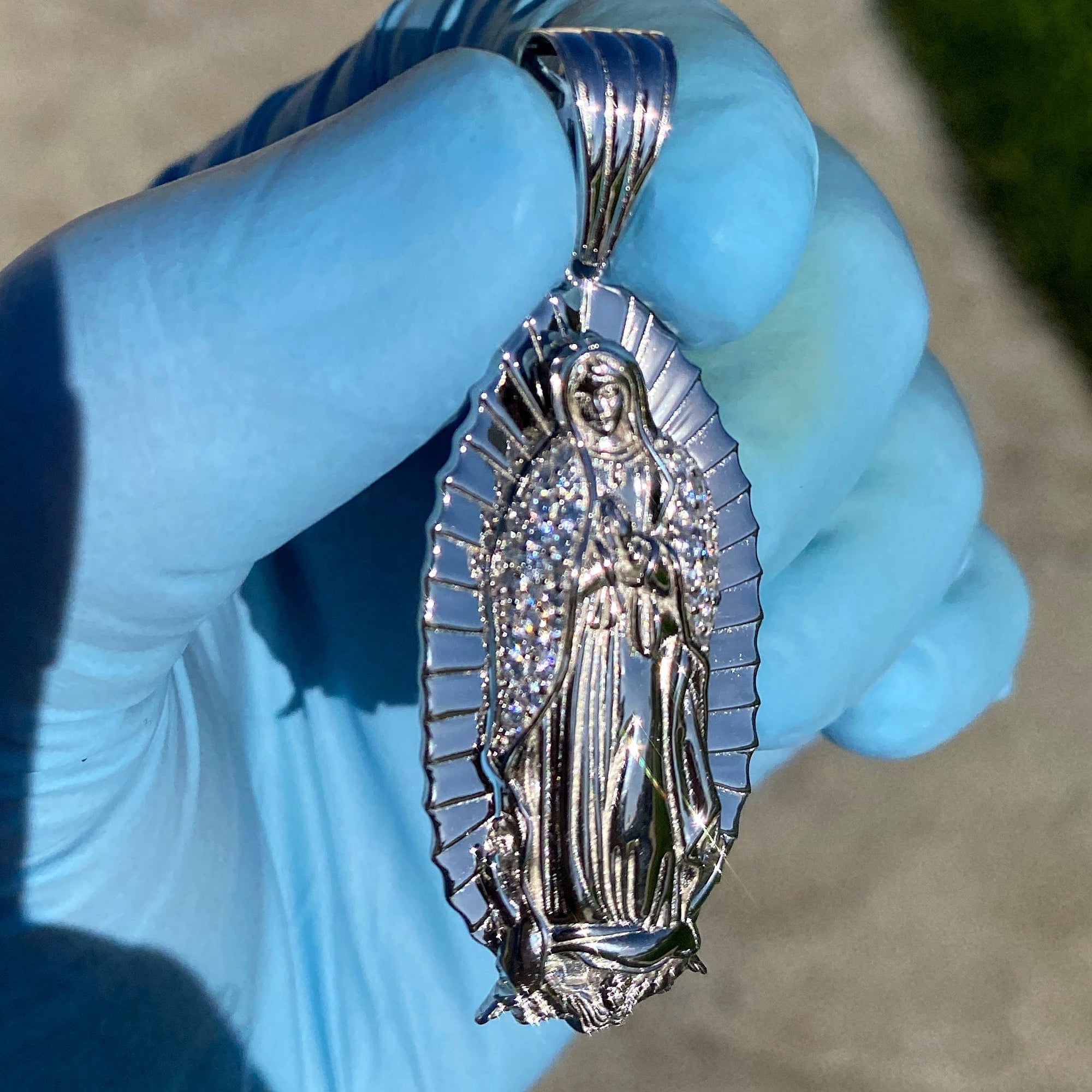 925 Sterling Silver La Virgen Virgin Mary Shroud CZ Oval Pendant 2"