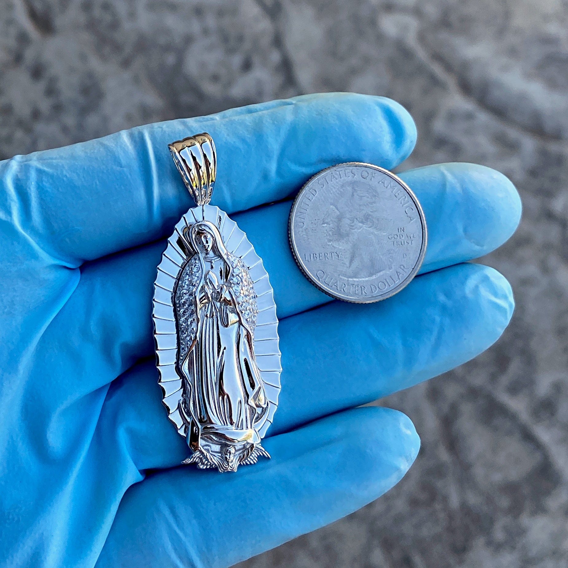 925 Sterling Silver La Virgen Virgin Mary Shroud CZ Oval Pendant 2"