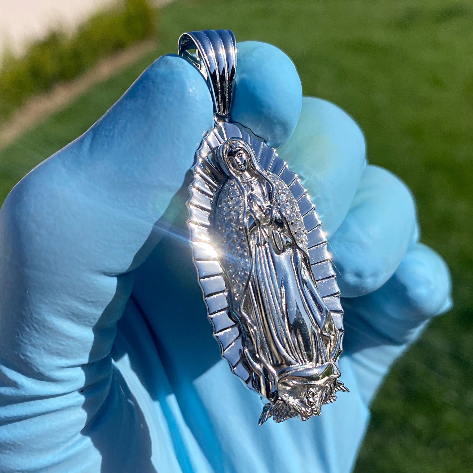 925 Sterling Silver La Virgen Virgin Mary Shroud CZ Oval Pendant 2"