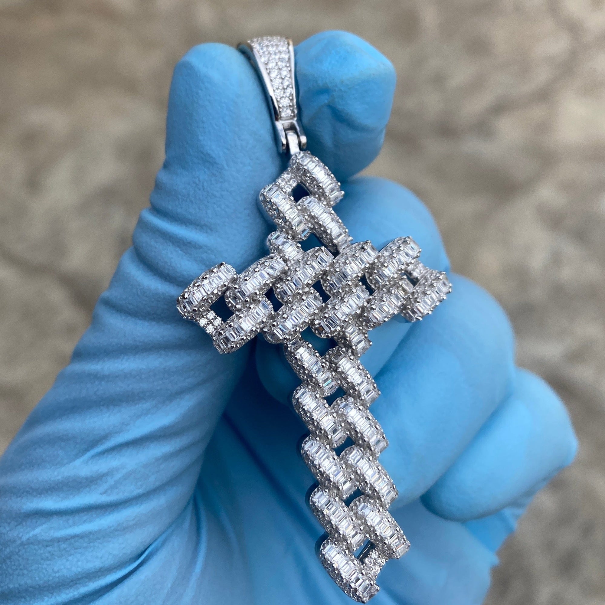 925 Sterling Silver Cuban Link Cross Iced Bling Flooded Out Pendant
