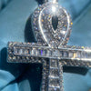 925 Sterling Silver Egyptian Ankh Cross Round Baguette Iced Pendant