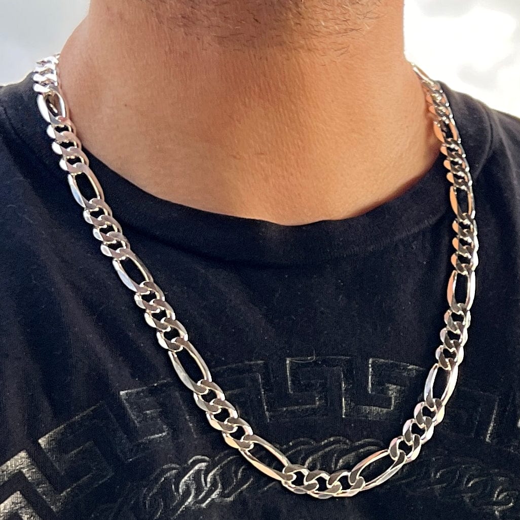 925 Sterling Silver Figaro Link Chain Necklace Italy 10MM Thick 24" in 925 Sterling Silver Figaro Link Chain Necklace Italy 10MM Thick 24" in