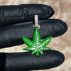 925 Sterling Silver Green Enamel Weed Leaf Marijuana 0.2ct Moissanite Pendant