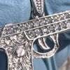 925 Sterling Silver Gun Pistol Scrollwork Engraving Iced CZ Pendant