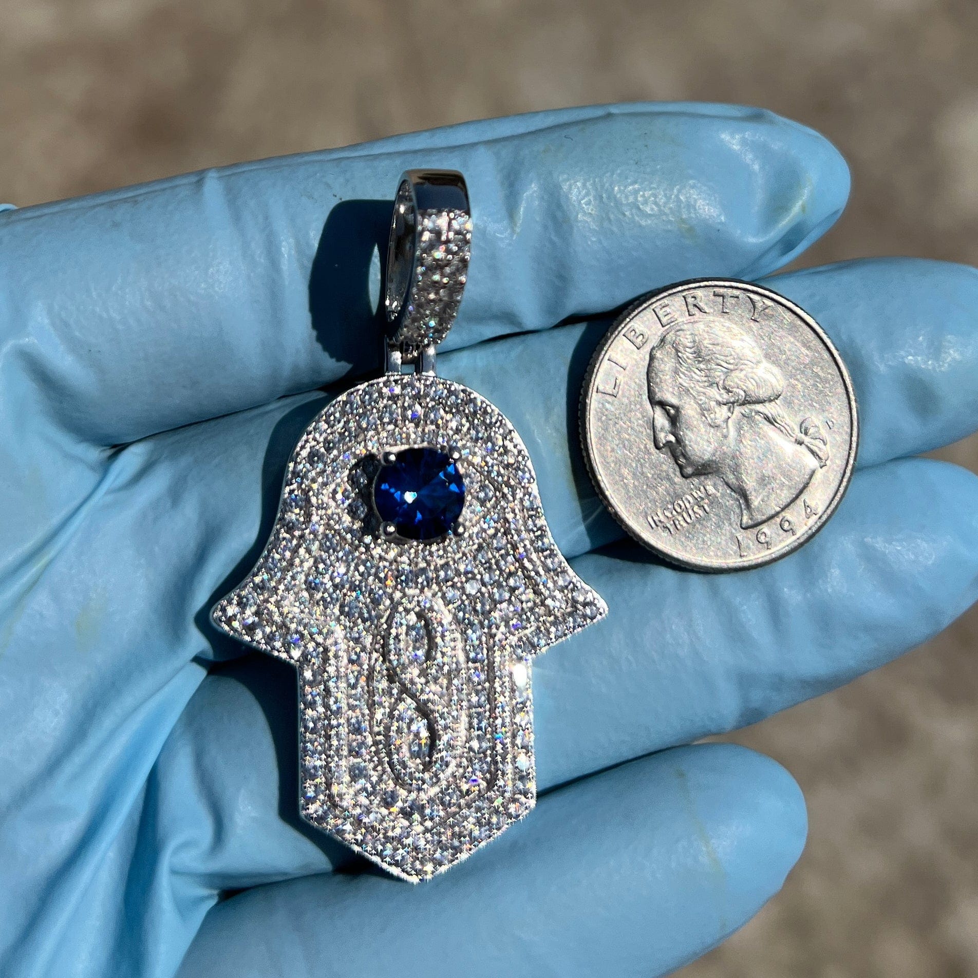 925 Sterling Silver Hamsa Hand Of Fatima Blue Evil Eye Iced CZ Pendant 925-sterling-silver-hamsa-hand-of-fatima-blue-evil-eye-iced-cz-pendant