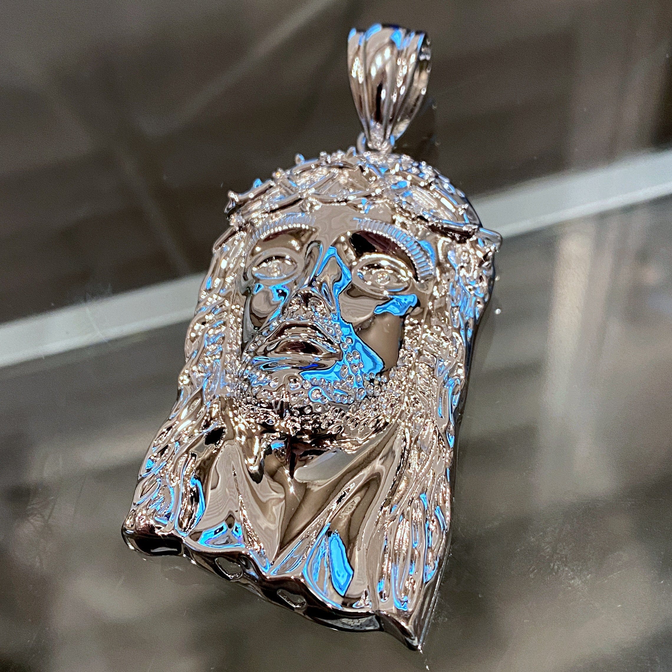 925 Sterling Silver Real VS Diamonds Large Jesus Head Pendant 2.5