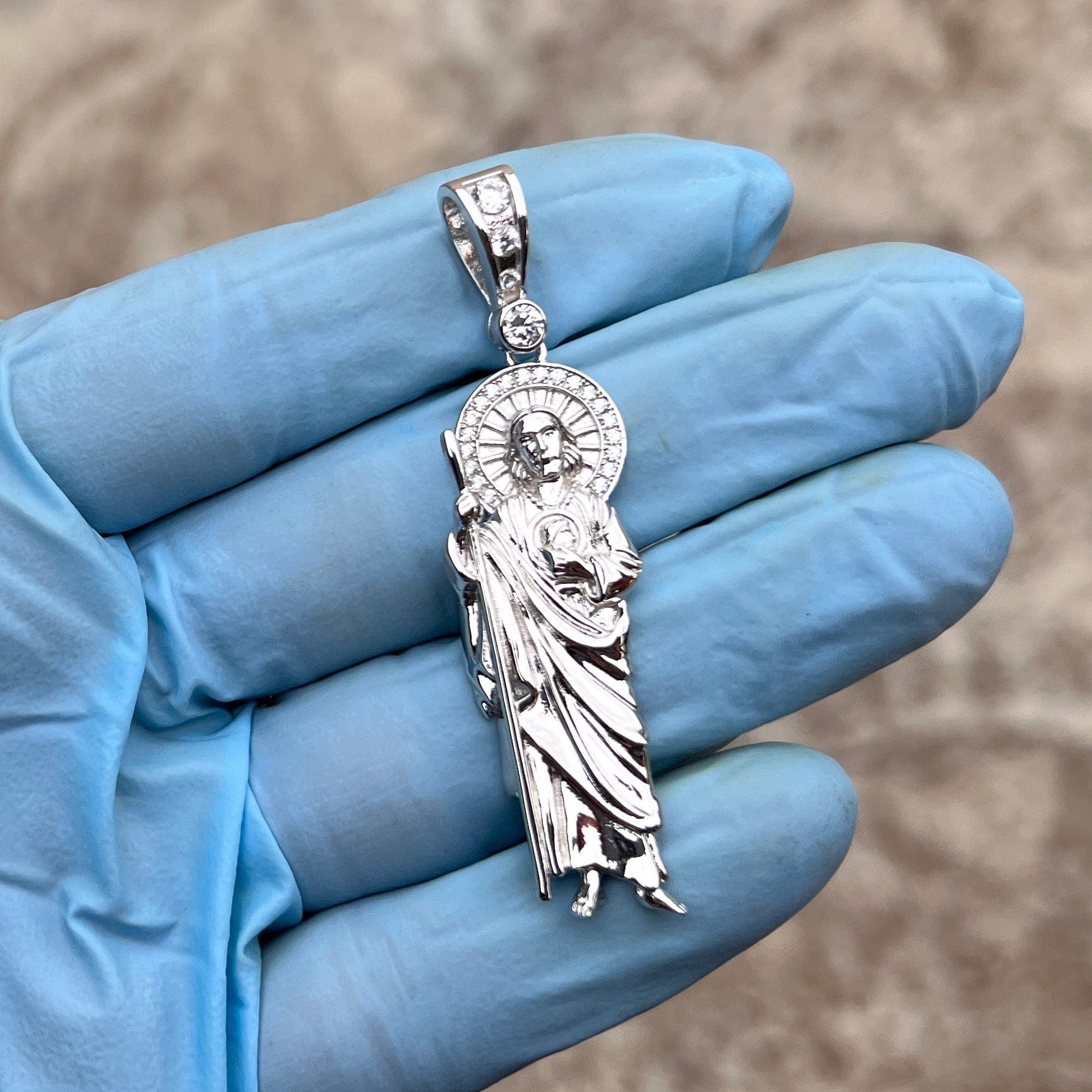 925 Sterling Silver Saint Jude San Judas Tadeo Pendant With CZ Halo 925-sterling-silver-saint-jude-san-judas-tadeo-pendant-with-cz-halo