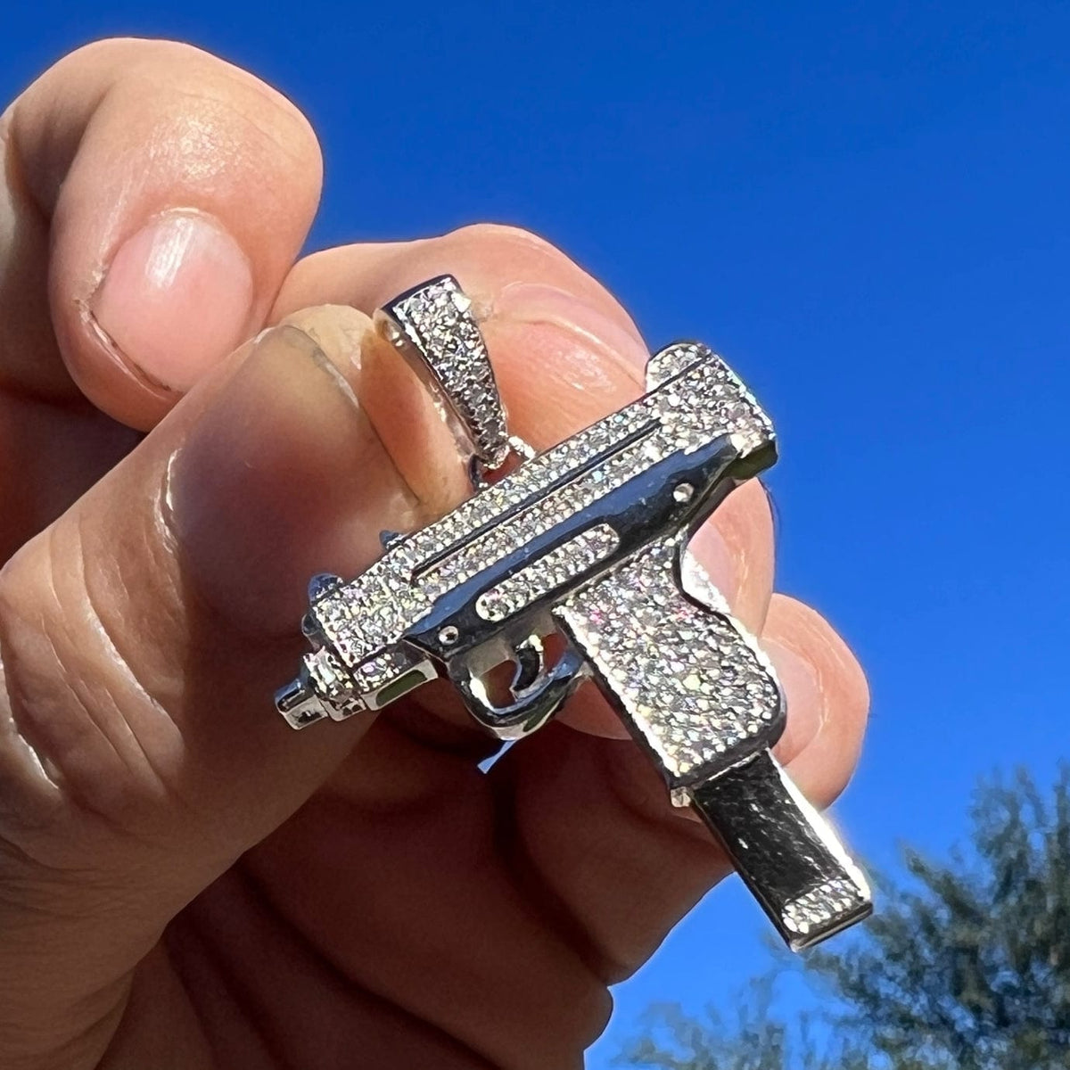 Bling Cartel Real Solid 925 Sterling Silver Gun Pendant – Nine Pistol With CZ Iced Flooded Out Charm – Hip-Hop Style