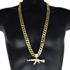 AK-47 Rifle Gun Iced Pendant Cuban Chain Gold Finish Necklace 33"